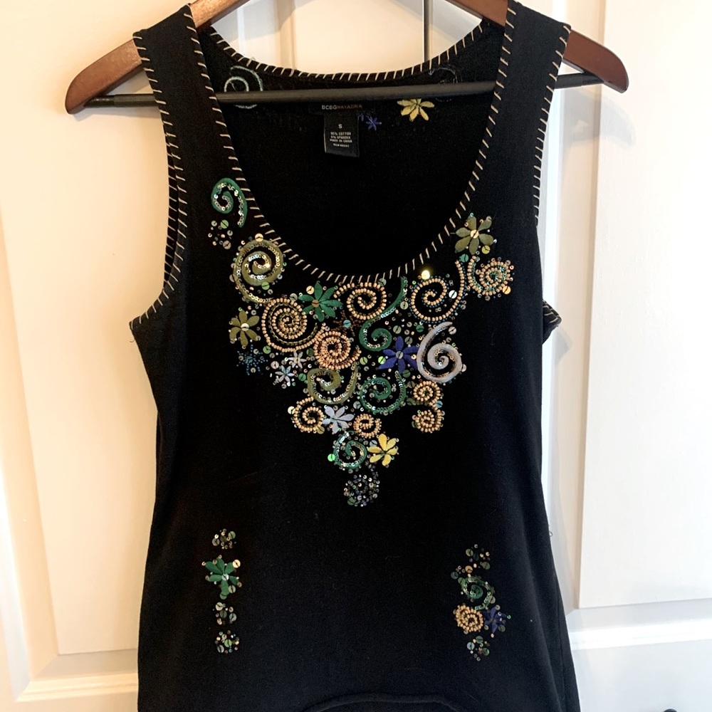 BCBG Sequin & Embroidered Black Top Small